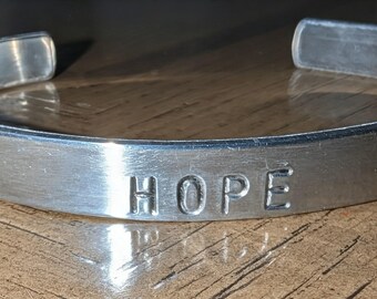 Hand-Stamped "HOPE" Cuff Bracelet, Brushed Silver Metal Personalized Gift