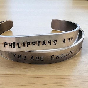 Hand Stamped Philippians 4:13 Bracelet • Christian Cuff Jewelry • Bible Verse Faith Gift • Inspirational Scripture Bangle