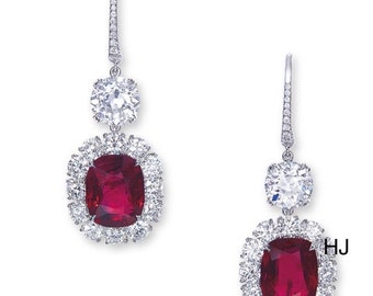 Ruby Dangle Earrings For Women 925 Sterling Silver Red Cushion-Cut Halo Jewelry Cubic Zirconia Evening Dinner Wear Earrings Adastra jewel