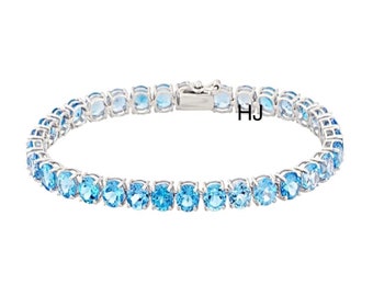 Natural Blue Topaz Tennis Bracelet - 925 Sterling Silver Bracelet - Blue Topaz CZ Bracelet - Valentines Gift Bracelet - Gift For Her