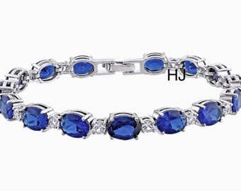 Blue Sapphire Bracelet, Sterling Silver Bracelet, Sapphire Tennis Bracelet