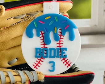 Personalized Baseball Drip Bag Tag, Keychain or Ornament with a Baseball and Ice Cream Drip and Sprinkles Acrylic
