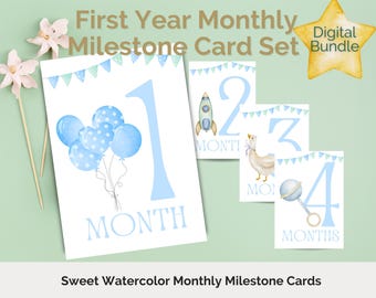 Classic Baby Boy Watercolor Milestone Digital Monthly Card Set - A5