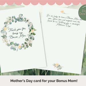 Bonus Mom Mother&#39;s Day Card: Watercolor Floral Wreath (Digital Download)