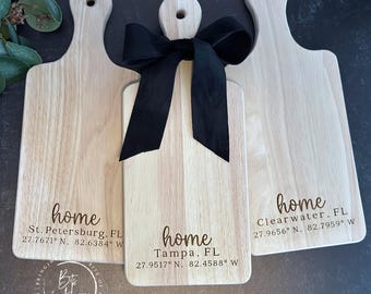 Personalized Wooden Board Custom Location Coordinates Engraved Cheese Housewarming Gift Idea Realtor Closing Present Kitchen Serving Piece