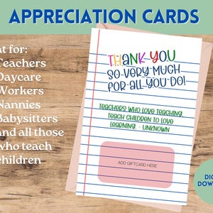 Carte de remerciement pour enseignante, Porte-cartes cadeau, Cadeau de remerciement, Cadeau pour enseignante, Cadeau pour éducatrice, Semaine de reconnaissance des enseignantes, Cadeau nounou