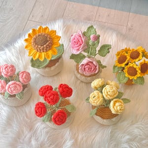 Flor de crochet en maceta, rosa de crochet, girasol, rosa, regalos de cumpleaños, flor de punto, regalo para ella, regalo de graduación
