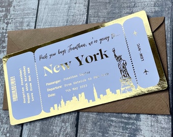 Personalised surprise trip/holiday/weekend away, Foil boarding pass, Foil ticket, New York surprise ticket, Custom travel ticket
