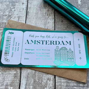 Personalised surprise trip/holiday/weekend away, Foil boarding pass, Foil ticket, Amsterdam surprise ticket, Custom travel ticket