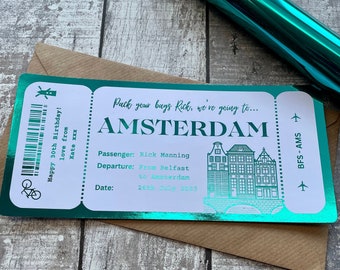 Personalised surprise trip/holiday/weekend away, Foil boarding pass, Foil ticket, Amsterdam surprise ticket, Custom travel ticket
