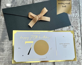 70th Birthday Surprise Reveal, Golden Ticket, Birthday Scratch Card, Personalised Gift Voucher, 70th Birthday card for him/her