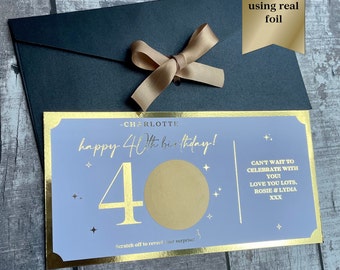 40th Birthday Surprise Reveal, Golden Ticket, Birthday Scratch Card, Personalised Gift Voucher, 40th Birthday card for him/her