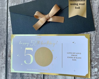 50th Birthday Surprise Reveal, Golden Ticket, Birthday Scratch Card, Personalised Gift Voucher, 50th Birthday card for him/her