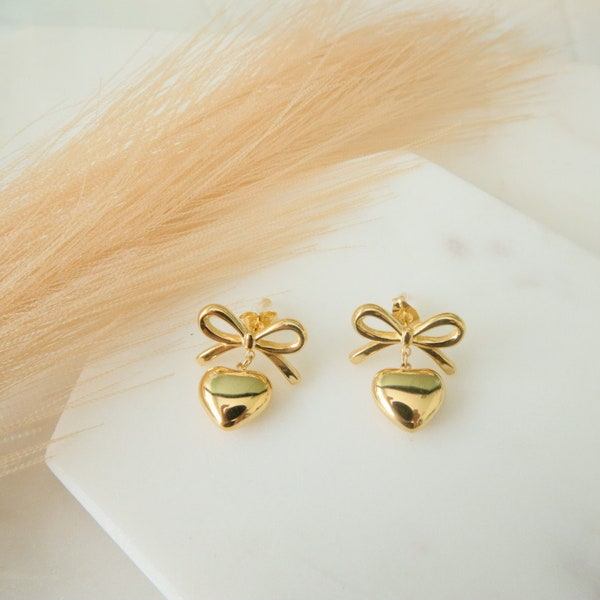 Bow Heart Earrings, Heart stud earrings, Charm Earrings , Tarnish Free Earrings , Coquette Style, Gold Bow Earrings, Gold Stud Earrings