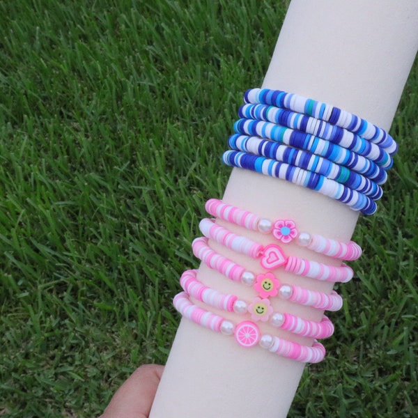 Blue / Pink Clay Beaded Bracelet /Heishi Bead Bracelet/ Summer Bracelet/ Gift for Her or Him