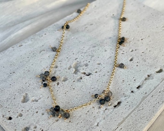 Black quartz fringe necklace, Gemstone drop necklace, Black rutilated quartz choker necklace, Black gemstone pendant fringe choker necklace