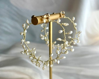 Pearl bridal hoop earrings, Wedding hoop earrings, Freshwater pearl earrings, Floral hoop earrings, Statement earrings, S925 hoop earrings