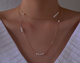 Gold pearl beaded necklace, Freshwater pearl stacked necklace, Multi-use pearl necklace, Dainty layering stacking necklace, Bridal necklace