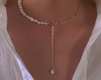 Baroque pearl collarbone necklace, Elegant necklace, Half pearl half chain necklace,Delicate choker necklace,14k gold plated dainty necklace