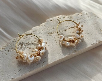 Floral hoop earrings, Freshwater pearl hoop earrings, Baroque pearl flower hoop earrings, Wedding bridal floral earrings, Gift for her