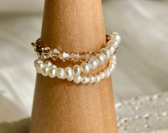 Pearl stacking ring, Adjustable ring, Freshwater pearl ring, Multi-layer ring with pearls and crystals, Handmade stack 14k gold plated ring