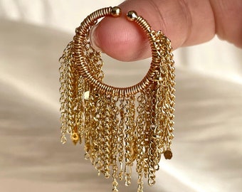 Gold long tassel ring, 14k gold plated multi-chain ring, Handmade gold fringe ring, Waterfall ring, Dainty pendant ring,Hand wired cuff ring