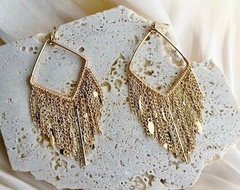 Gold long tassel dangle earrings, 14k gold plated multi-chain earrings, Shiny gold drop earrings, Handmade gold fringe earrings