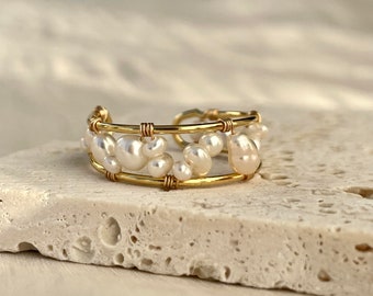 Baroque pearl cuff ring, Hand wired pearl ring, Freshwater pearl cuff ring, Gold open ring, Adjustable ring, Dainty ring, Bridesmaid ring