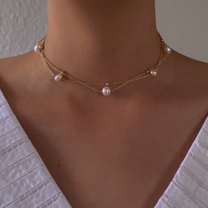 Stapelketting met 2 lagen parelkralen, 14k vergulde chokerketting, sierlijke zoetwaterparelketting, trouwketting, cadeau bruidsmeisje