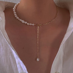 Baroque pearl collarbone necklace, Elegant necklace, Half pearl half chain necklace,Delicate choker necklace,14k gold plated dainty necklace