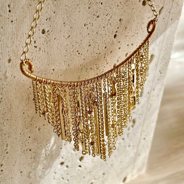 Hand wired long pendant collarbone necklace, Mixed gold chain necklace, Multi-layer gold chain tassel necklace, Waterfall chain necklace