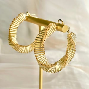 Flexible twisted earrings, Beaded hoop earrings, Gold shiny earrings, Big round earrings, Handmade earrings,Unique shape adjustable earrings