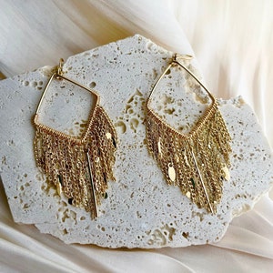Gold long tassel dangle earrings, 14k gold plated multi-chain earrings, Shiny gold drop earrings, Handmade gold fringe earrings