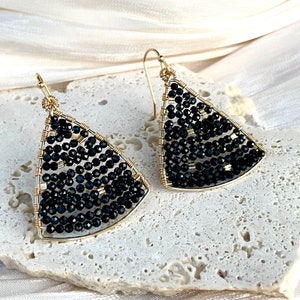 Triangle black spinel gemstone wired dangle earrings, Gemstone geometric earrings, Gemstone wrapped dangle earrings, Gift for her