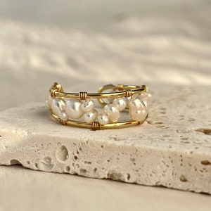 Baroque pearl cuff ring, Hand wired pearl ring, Freshwater pearl cuff ring, Gold open ring, Adjustable ring, Dainty ring, Bridesmaid ring image 1