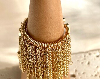 Gold long tassel ring, 14k gold plated multi-chain ring, Handmade gold  fringe ring, Waterfall ring, Dainty pendant ring,Hand wired cuff ring