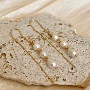 Asymmetrical Pearl Drop Earrings, Long Dangle Earrings, Gold Threader Earrings, Elegant Baroque Freshwater Pearls,Handmade Statement Jewelry