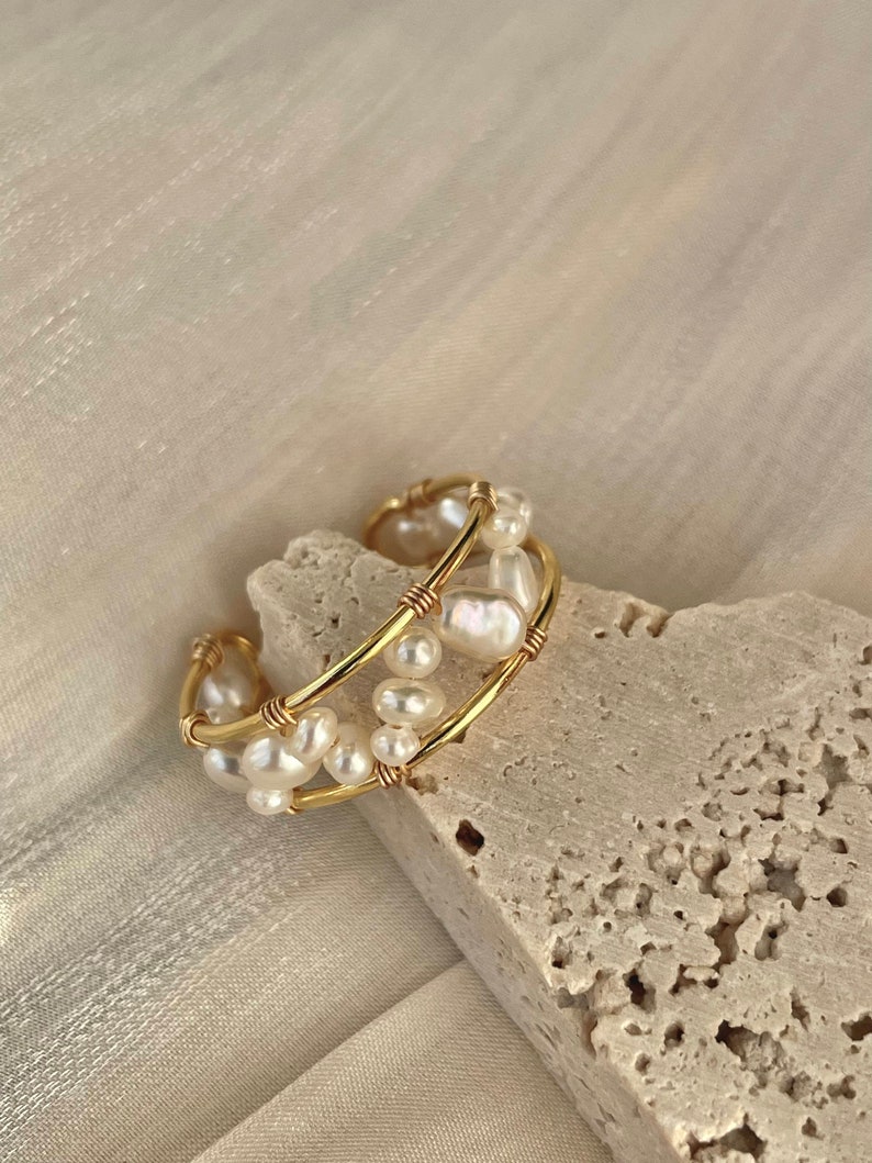 Baroque pearl cuff ring, Hand wired pearl ring, Freshwater pearl cuff ring, Gold open ring, Adjustable ring, Dainty ring, Bridesmaid ring image 5