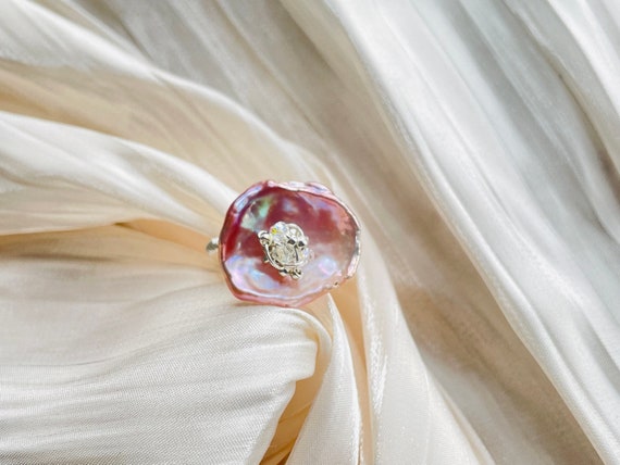 Big Flat Baroque Pearl Cuff Ring, Flower Ring With Pearl and