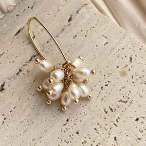 Cluster pearl drop earrings, Freshwater pearl earrings, 14k gold plated dangle earrings, Bridal wedding earrings, Gift for her image 4