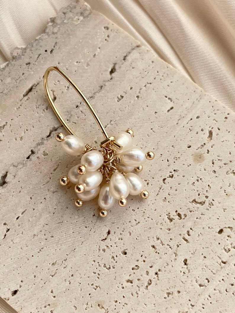 Cluster pearl drop earrings, Freshwater pearl earrings, 14k gold plated dangle earrings, Bridal wedding earrings, Gift for her image 4