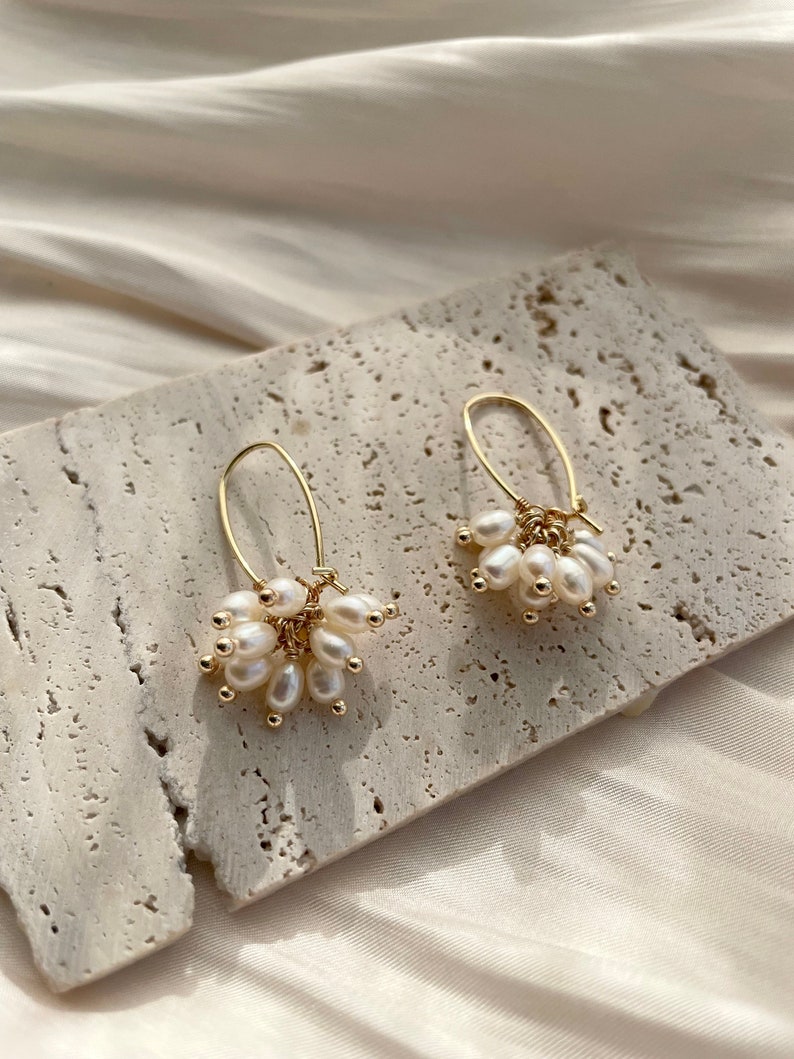 Cluster pearl drop earrings, Freshwater pearl earrings, 14k gold plated dangle earrings, Bridal wedding earrings, Gift for her image 1