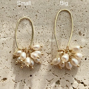Cluster pearl drop earrings, Freshwater pearl earrings, 14k gold plated dangle earrings, Bridal wedding earrings, Gift for her Big 4 cm cm