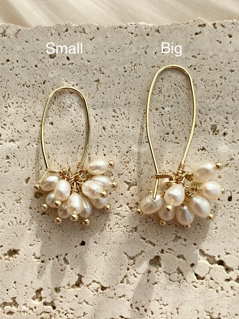 Cluster pearl drop earrings, Freshwater pearl earrings, 14k gold plated dangle earrings, Bridal wedding earrings, Gift for her Big 4 cm cm