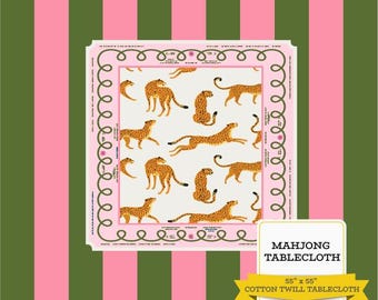 Pink and Green Stripe Mahjong Tablecloth: Cotton Twill Game Mat