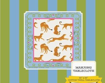 Striped Mahjong Tablecloth: Lime Green & Periwinkle Cotton Twill - Game Night Decor
