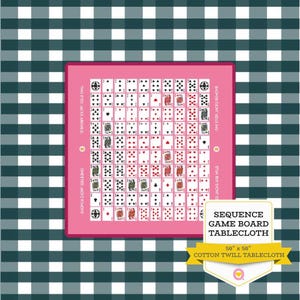 May include: A square tablecloth featuring a dark green and white gingham pattern. Centered on the fabric is a pink-bordered game board printed with a grid of playing cards. Text on the board reads: TWO EYED JACKS ARE WILD and ONE EYED JACKS REMOVE.