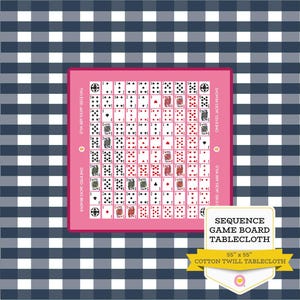 May include: A pink Sequence game board tablecloth with a grid of playing cards. The tablecloth is 55 x 55 inches and made of cotton twill. The background is a blue and white checkered pattern.