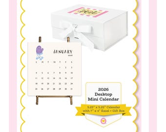 2026 Mini Desktop Calendar 5.25" x 5.25" with Easel & Gift Box - Whimsical Watercolor Illustrations