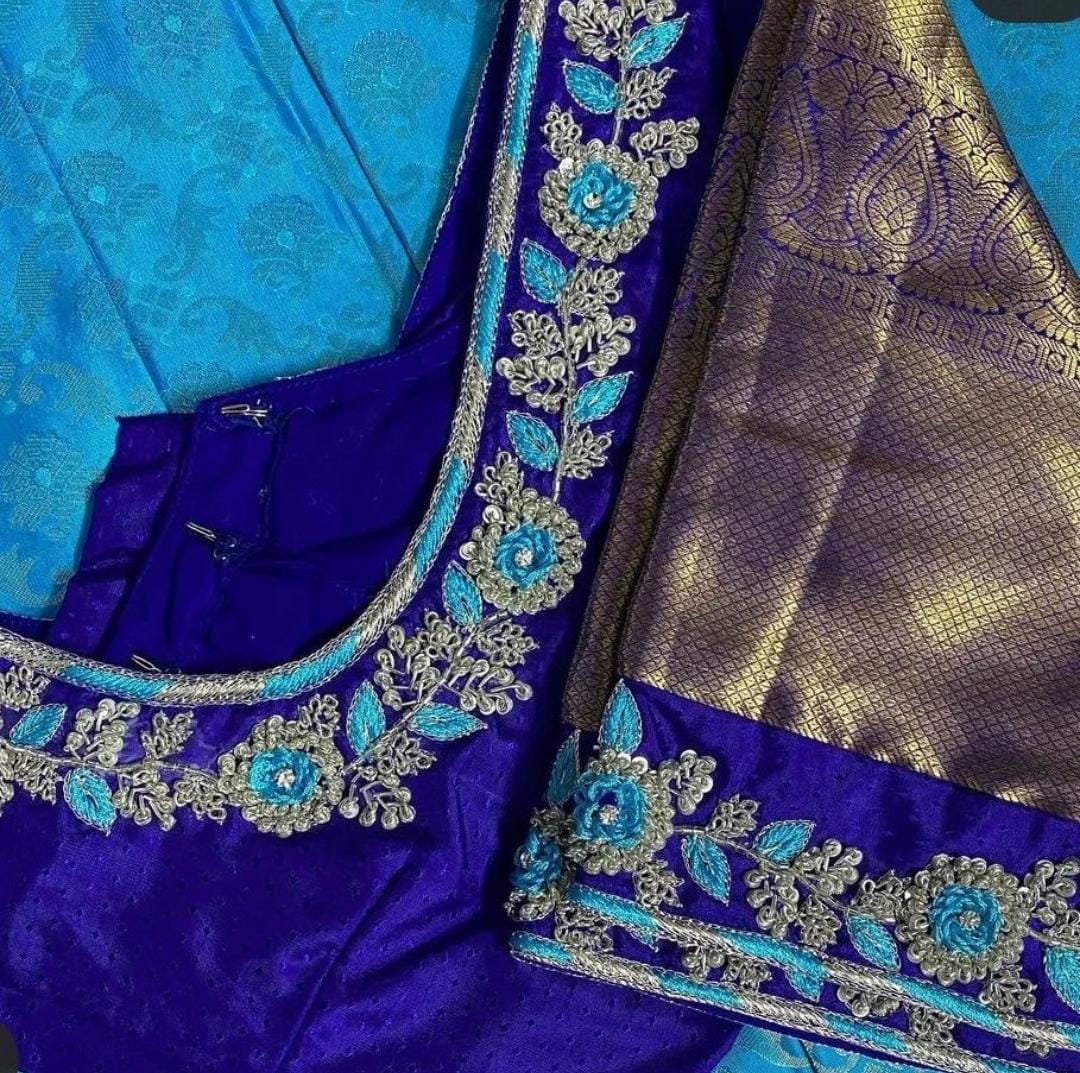 Buy Handmade Blue and Gold Maggam Work for Women Online in India - Etsy